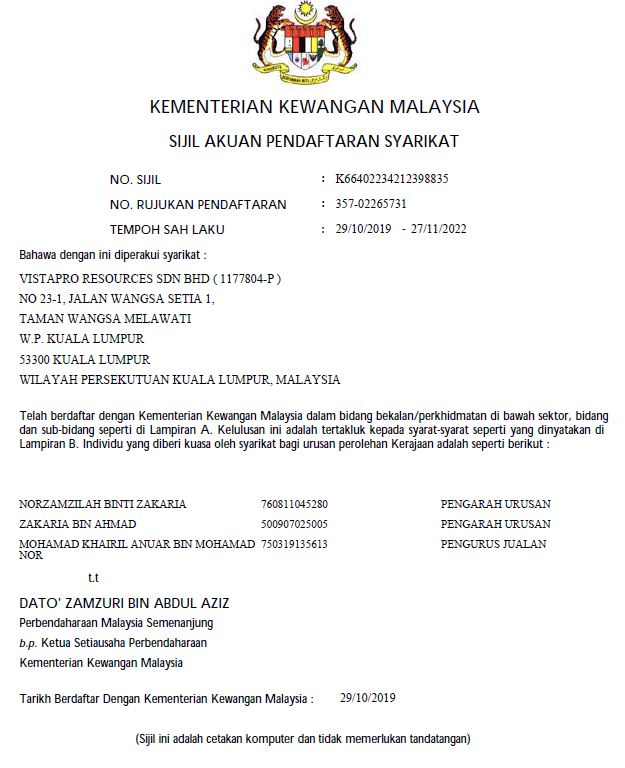 Certificate Registration Vistapro Resources Sdn Bhd